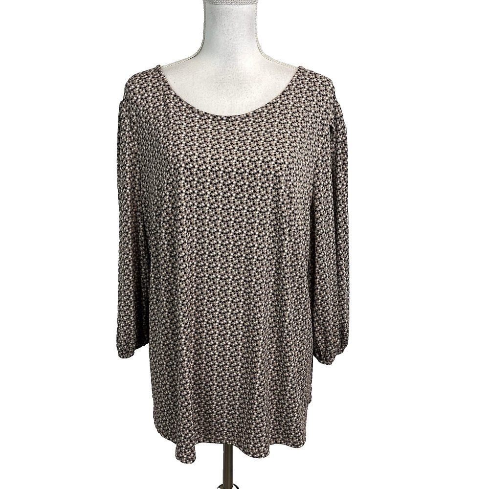 Adrianna Papell Blouse Top Plus size 1X Brown Black Dots Stretch Career Modest